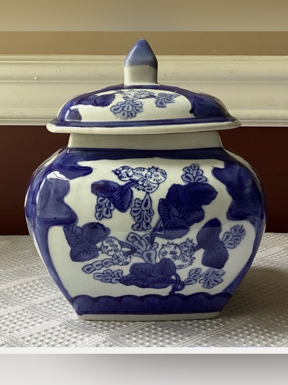 Blue and White Floral Ceramic Ginger Jar - Home Art
